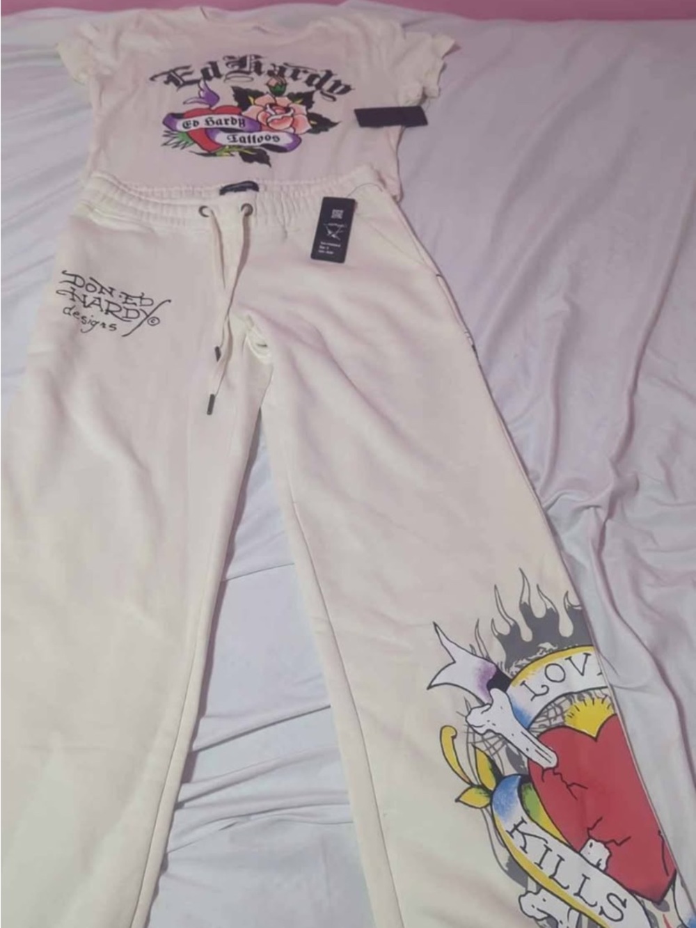 Ed Hardy Cream Sweatpants with Graphic Heart Print